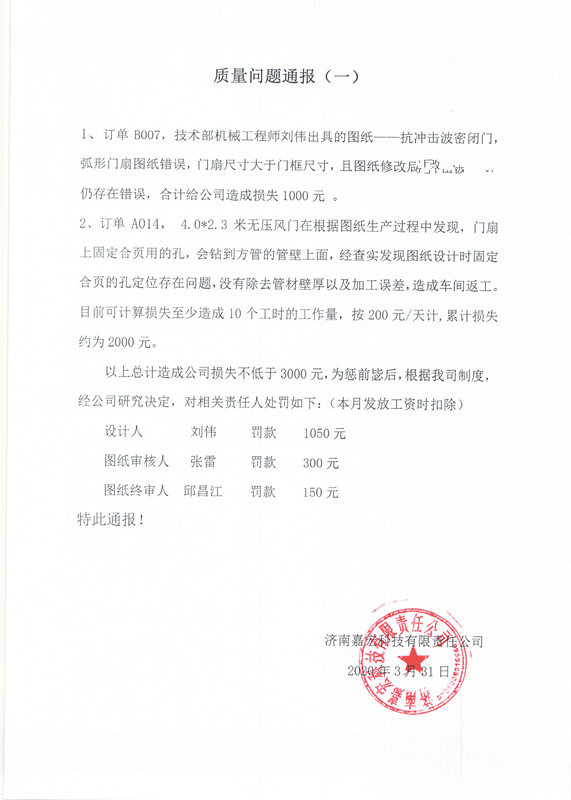 无压风门 . 近期无压风门质量问题的处罚通报